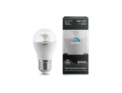 Лампа Gauss LED Globe Crystal Clear E27 6W 4100K диммируемая 1/10/50