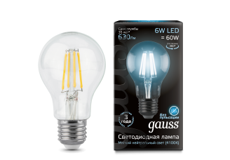 Лампа груша Е27 светодиодная (LED) филаментная 6Вт (= 60Вт ЛН) холодно-белый Gauss