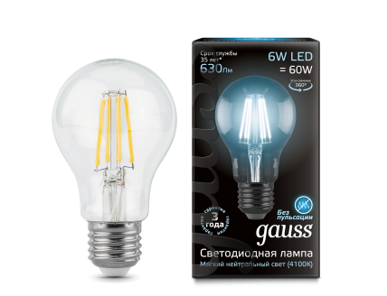 Лампа груша Е27 светодиодная (LED) филаментная 6Вт (= 60Вт ЛН) холодно-белый Gauss