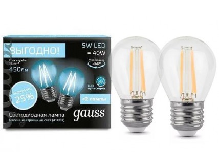 Лампа шар Е27 2 шт светодиодная (LED) филаментная 5Вт (= 40Вт ЛН) холодно-белый Gauss