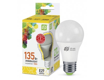 Лампа "груша" Е27 светодиод. (LED) 15Вт тепл.-бел. A60-standard 160-260В 1350Лм ASD