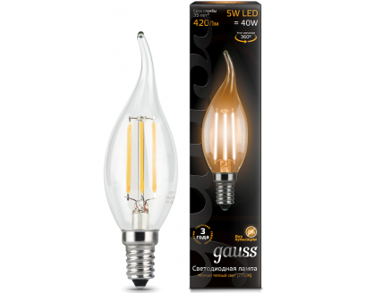 Лампа свеча на ветру Е14 светодиодная (LED) филаментная 5Вт (= 40Вт ЛН) тепло-белая Gauss
