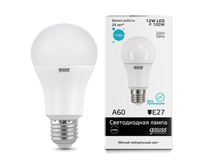 Лампа Gauss LED Elementary A60 12W E27 4100K 1/10/40