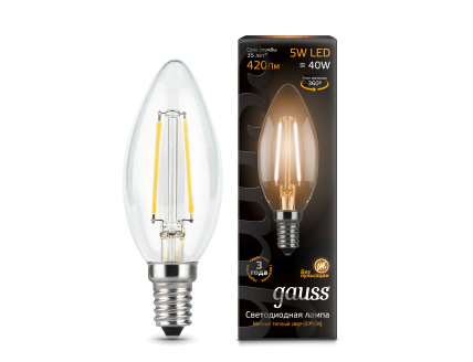 Лампа свеча Е14 светодиодная (LED) филаментная 5Вт (= 40Вт ЛН) тепло-белый Gauss
