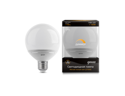 Лампа Gauss LED G95-dim 14W E27 2700K диммируемая 1/10/40