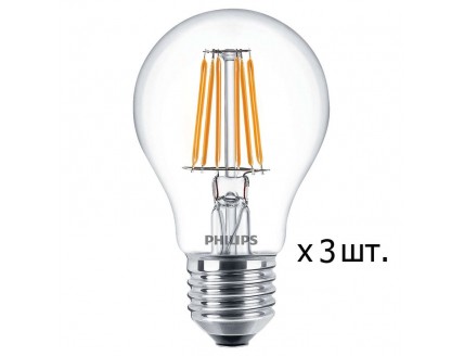 Лампа "груша" в УПАК (3шт.) Е27 светодиод. (LED) ФИЛАМЕНТНАЯ 7.5Вт (= 70Вт ЛН) тепло-бел. PHILIPS