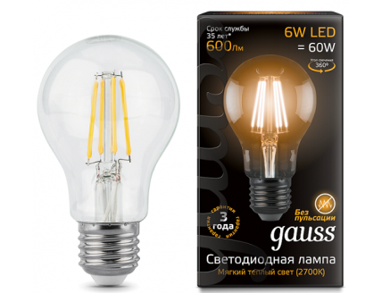 Лампа груша Е27 светодиодная (LED) филаментная 6Вт (= 60Вт ЛН) тепло-белый Gauss
