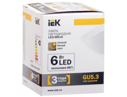 Лампа светодиодная MR16 софит 6 Вт 500 Лм 230 В 3000 К GU5.3 IEK