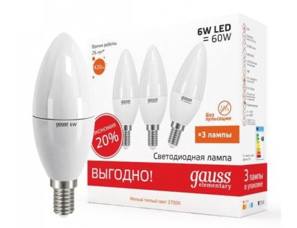 Лампа свеча 3 шт Е14 светодиодная (LED) 6В тепло-белый Gauss Elementary