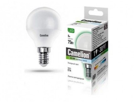 Лампа шар Е14 светодиодная матовая (LED) 8Вт холодно-белый 230В Camelion