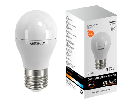 Лампа шар Е27 светодиодная матовая (LED) 6Вт тепло-белый 230В Gauss Elementary
