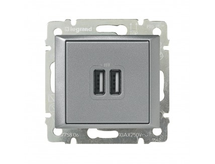 Розетка 2-ая USB 1500 мА алюминий VALENA