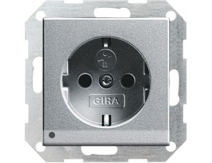 Розетка с LED 2Р+Е 16А, 250В защитные шторки алюминий System 55