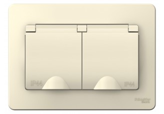Розетка 2-я 2Р+Е шторки IP44, 16А, Молочный BLANCA
