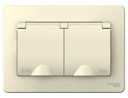 Розетка 2-я 2Р+Е шторки IP44, 16А, Молочный BLANCA