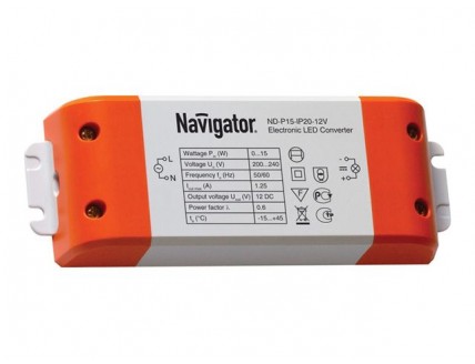 Источник постоянного напряжения (драйвер) Navigator IP20 АС 220В/DC 12В 15 Вт с защитой от перегрева 123х44х19