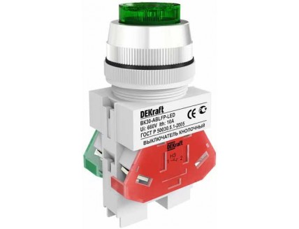 Выкл. кноп. ABLFP ?30 мм Цвет:ЗЕЛЕНЫЙ LED 220В ВK-30 DEKra