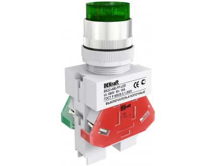 Выкл. кноп. ABLFP ?22 мм Цвет:ЗЕЛЕНЫЙ LED 220В ВK-22 DEKra
