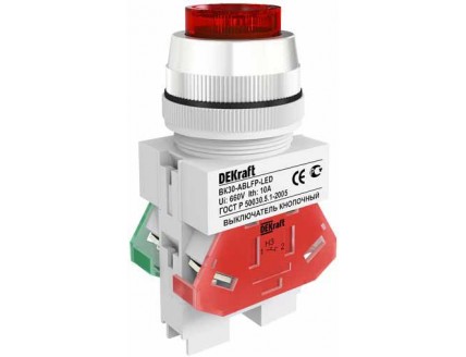 Выкл. кноп. ABLFP ?30 мм Цвет:КРАСНЫЙ LED 220В ВK-30 DEKra