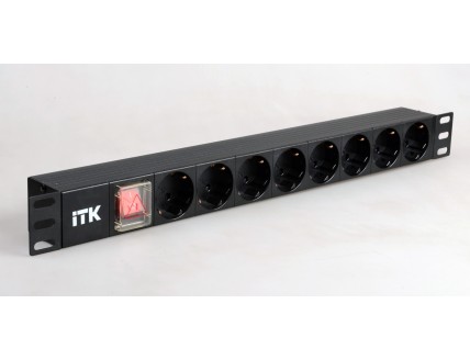 ITK PDU 8 розеток (нем. cтанд.), с LED выкл.,1U, без шнура, алюм. профиль, черный