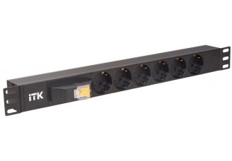 ITK PDU 6 розеток (нем. cтанд.), с автоматом на 10А,1U, без шнура, алюм. профиль, черный