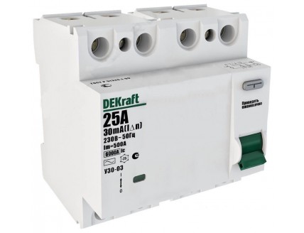 УЗО 4P 25А 300мА AC УЗО-03 6кА DEKraft