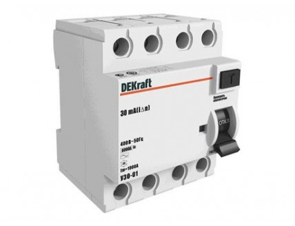 УЗО 4P 100A 30мА AC УЗО-03 6кА DEKraft