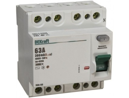 УЗО 4P 63А 300мА AC УЗО-03 6кА DEKraft